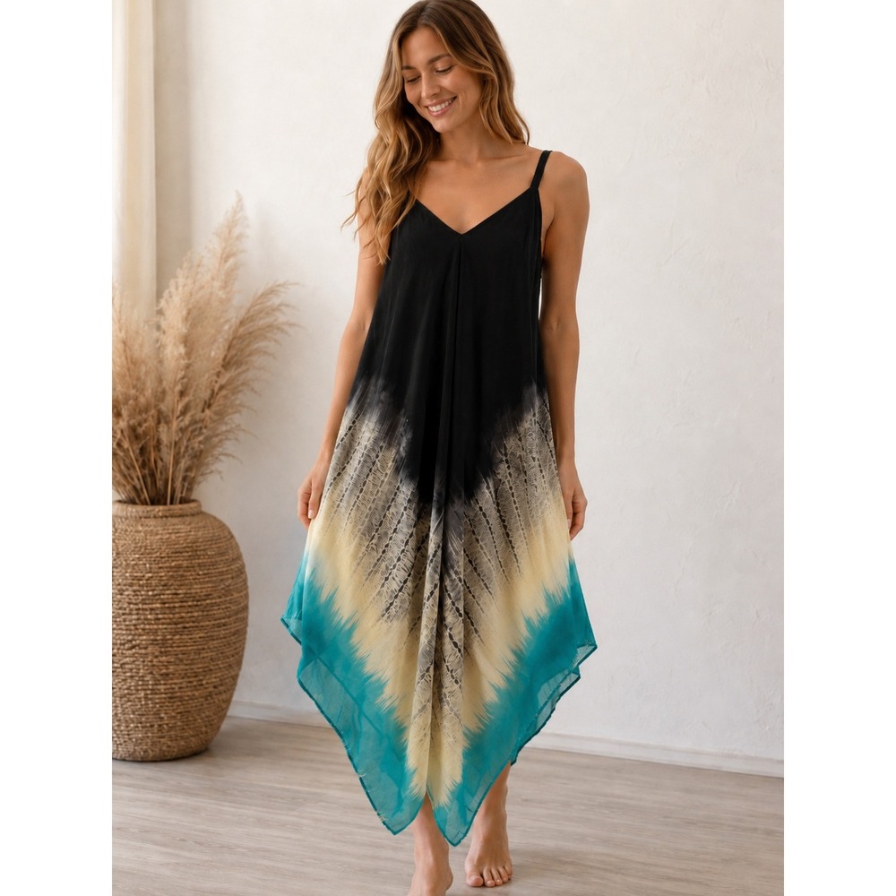 Studio JPR Handkerchief Hem Midi Dress Black Teal Ombre Boho Resort  M